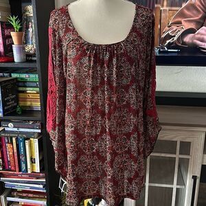 Siren Lily Size 1X Red crochet sleeve blouse sheer blouse